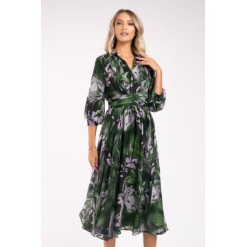 Rochie Armina verde din matase cu imprimeu floral