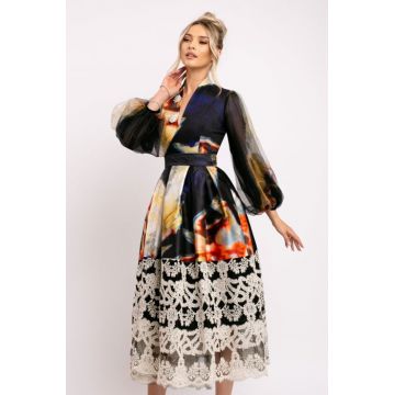 Rochie Beatrice neagra tip chimono din tafta si dantela