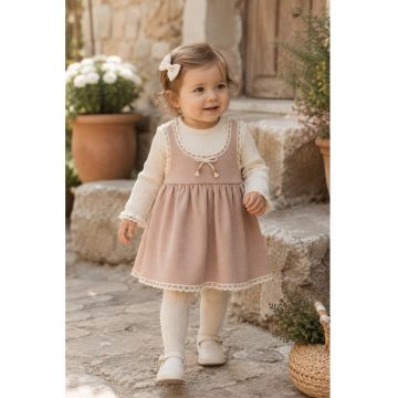 Rochie bebe eleganta roz pudra cu muselina si dantela pentru fetite aniversare si evenimente