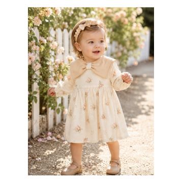 Rochie bebe fetita din muselina crem cu flori si bentita eleganta