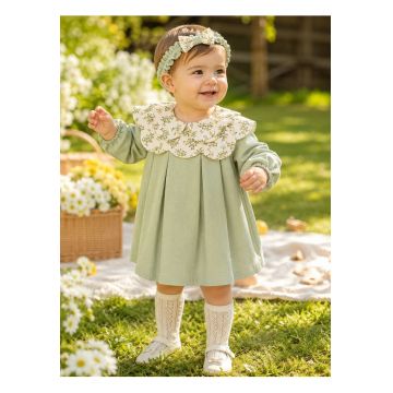 Rochie bebe fetita din muselina cu bentita si guler ffewgewloral eleganta - Fete - Verde