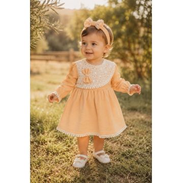 Rochie bebe fetita din muselina piersica cu dantela si bentita pentru botez aniversare