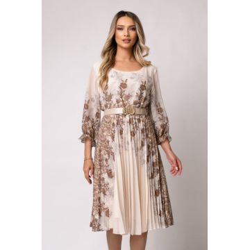 Rochie bej cu imprimeu floral si pliuri pe fusta