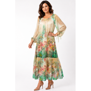 Rochie bej de vara din matase naturala cu imprimeu abstract