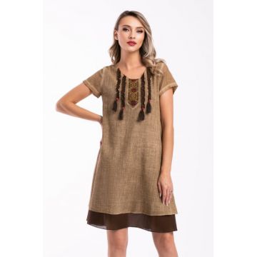 Rochie bej din bumbac cu bust accesorizat