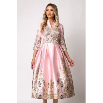 Rochie Bety roz din tafta tip chimono