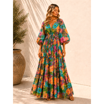 Rochie Boho style lunga din matase cu decolteu in V