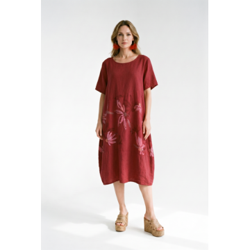 Rochie bordo din in si vascoza cu croi balon si imprimeu floral ton-sur-ton