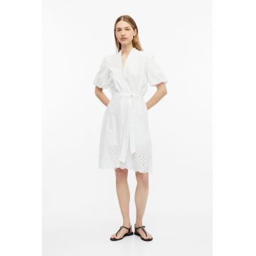 Rochie-camasa cu broderie si maneci bufante - Alb optic