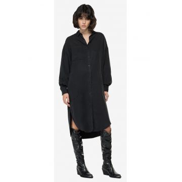 Rochie-camasa din amestec de lyocell si in cu buzunar pe piept si model uni -