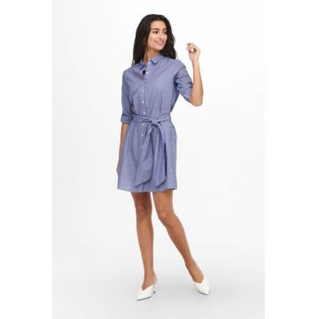 Rochie-camasa in dungi - cu un cordon - Alb/Albastru inchis