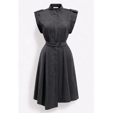 Rochie camasa midi -  A-line - cu curea - negru - modal-poliester