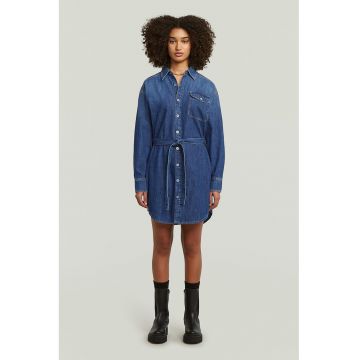 Rochie-camasa mini din denim cu cordon in talie - Albastru inchis