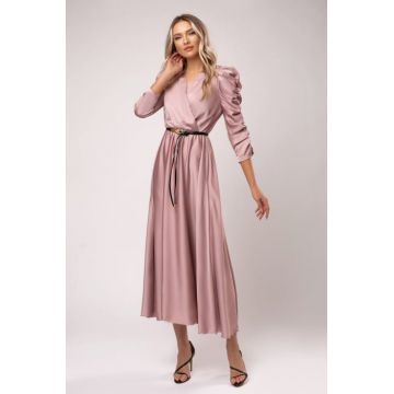 Rochie Carolina roz pudra cu maneci crete
