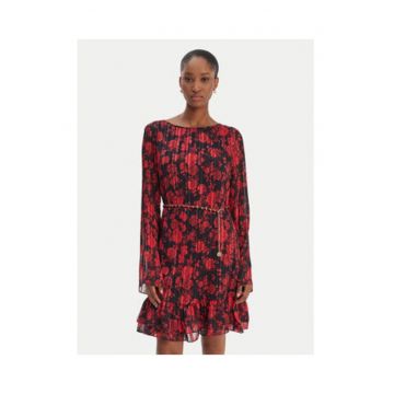 Rochie casual -  floral - negru si rosu - poliester - maneci lungi - fara inchidere - 2XL