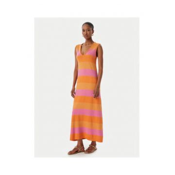 Rochie casual -  portocalie si roz - fara maneci - material lyocell - lurex - nylon -