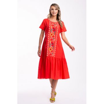 Rochie corai din bumbac cu flori brodate