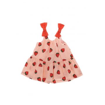 Rochie cu croiala A si imprimeu grafic - Rosu aprins/Nude rose/Verde iarba