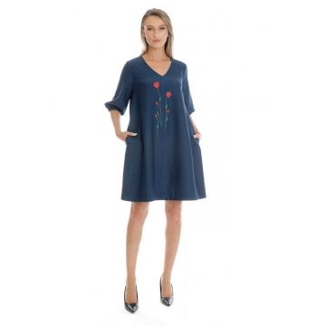 Rochie Dama  cu Pictura Manuala - Bleumarin