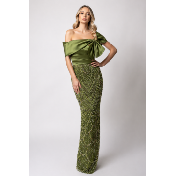Rochie de ocazie kaki satinat accesorizata cu paiete