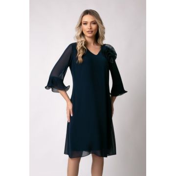 Rochie de ocazie marime mare bleumarin accesorizata cu floare 3D