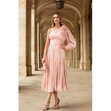 Rochie de ocazie roz pudra marime mare cu flori 3D