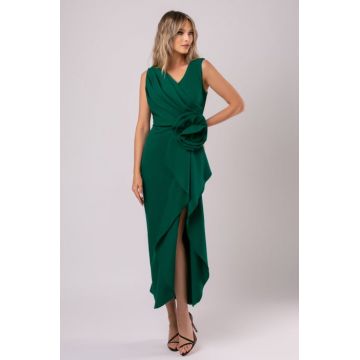 Rochie de ocazie verde cu floare mare in talie