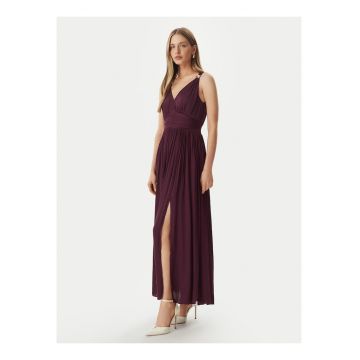 Rochie de seara -  rosu - material satinat - bretele subtiri - despicatura inalta -