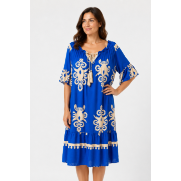 Rochie de vara albastra cu imprimeu bej