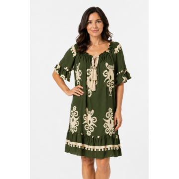 Rochie de vara kaki cu imprimeu bej