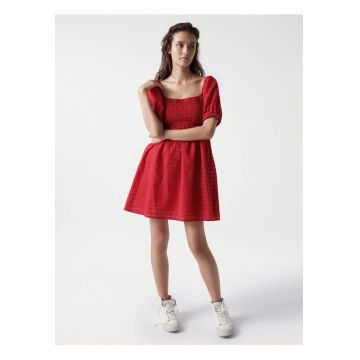 Rochie din amestec de bumbac cu fronseuri si maneci bufante -