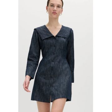 Rochie din amestec de in cu maneci lungi - Albastru inchis melange