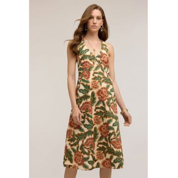Rochie din bumbac cu decolteu halter - Verde/Rosu antichizat/Bej deschis