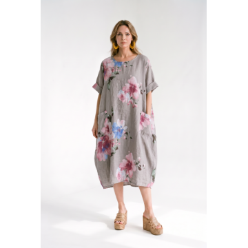 Rochie din in cu imprimeu floral si croi balon cu buzunare, bej inchis