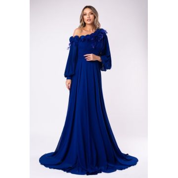 Rochie eleganta albastru regal cu pene si flori 3D