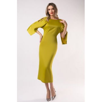 Rochie eleganta din satin fistic cu maneci largi