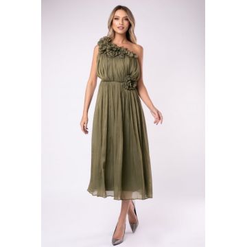Rochie eleganta kaki marime mare cu flori 3D