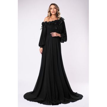 Rochie eleganta neagra cu pene si flori 3D