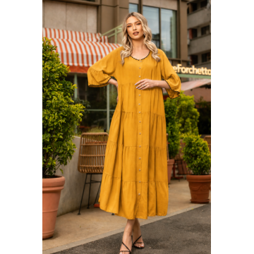 Rochie Estrela mustar marime mare accesorizata cu nasturi