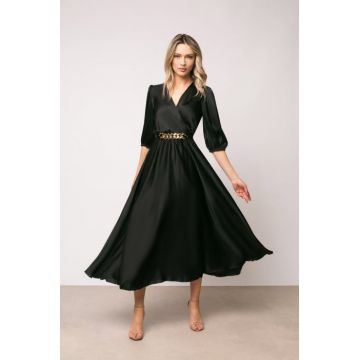 Rochie Eva neagra din satin cu maneci bufante