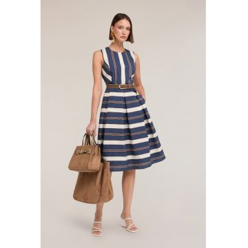 Rochie evazata cu dungi - Alb/Maro/Bleumarin
