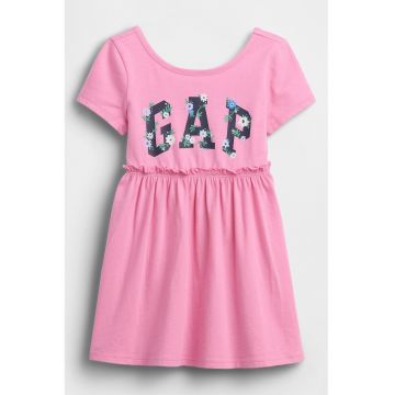 Rochie evazata din bumbac cu imprimeu logo - Roz pastel