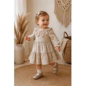 Rochie fetita crem eleganta cu guler dantelat - maneca lunga - stil boho vintage