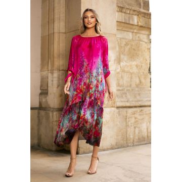 Rochie fucsia de vara din matase naturala cu imprimeu abstract