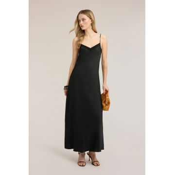 Rochie-furou din satin cu decolteu in V - Negru