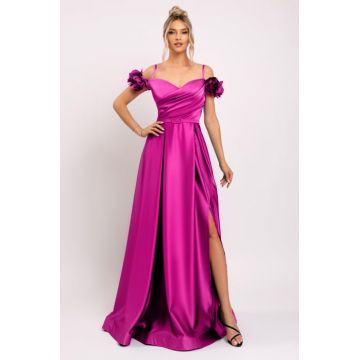 Rochie Hera fucsia de ocazie accesorizata cu flori 3D