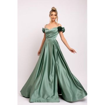 Rochie Hera verde de ocazie accesorizata cu flori 3D