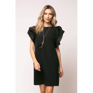 Rochie Joly neagra cu volane la umeri si buzunare laterale
