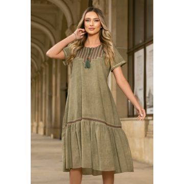 Rochie kaki din bumbac cu broderia