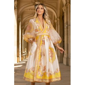 Rochie Karmen galbena din tafta cu maneci bufante